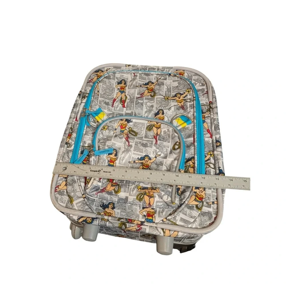 Pottery Barn Kids Wonder Woman Rolling Suitcase Comic Print Luggage Grey Blue